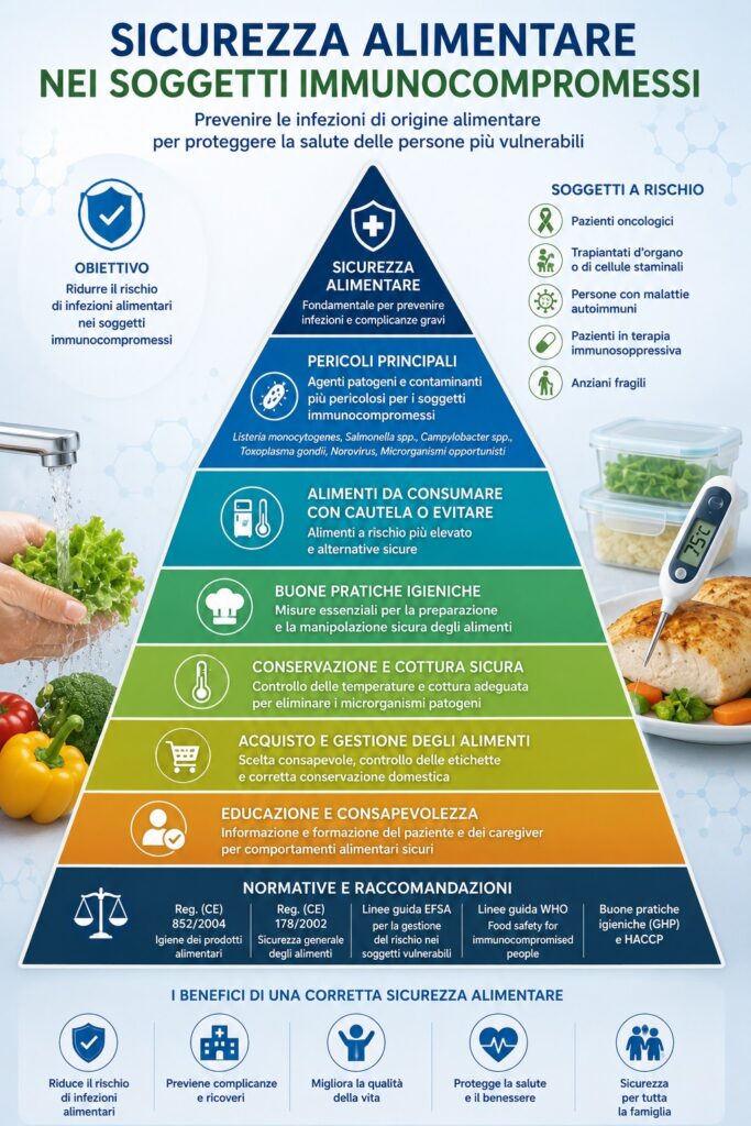 Schema illustrativo delle principali misure di sicurezza alimentare per pazienti immunocompromessi: cottura adeguata, refrigerazione corretta, igiene delle mani e prevenzione delle contaminazioni crociate.