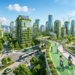 Vista di una città sostenibile con infrastrutture verdi, piste ciclabili e trasporti elettrici, simbolo della lotta contro il riscaldamento globale.