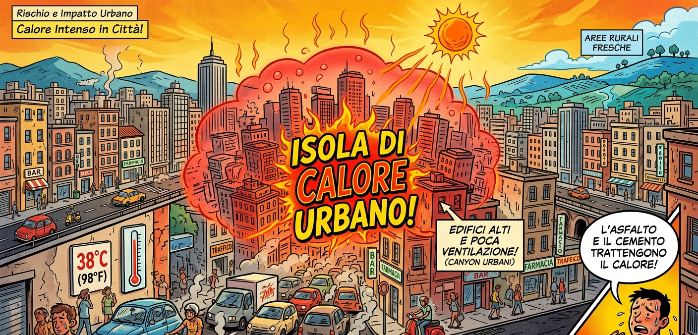 Figura 2 - Illustrazione a fumetto che spiega il fenomeno dell'Isola di Calore Urbano e l'urgenza di agire contro il riscaldamento globale. [Immagine a cura dell'autrice]