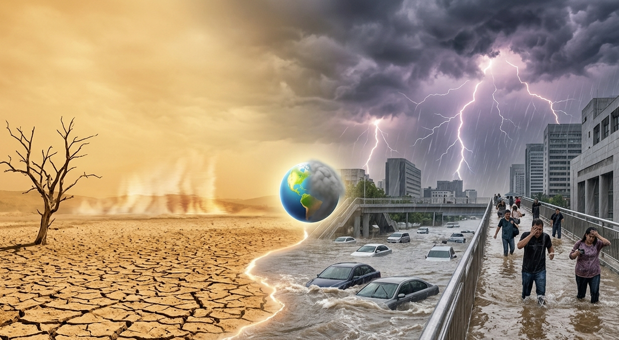 Eventi climatici estremi: dalle ondate di calore e siccità alle alluvioni improvvise, l'energia in eccesso destabilizza il clima globale. 