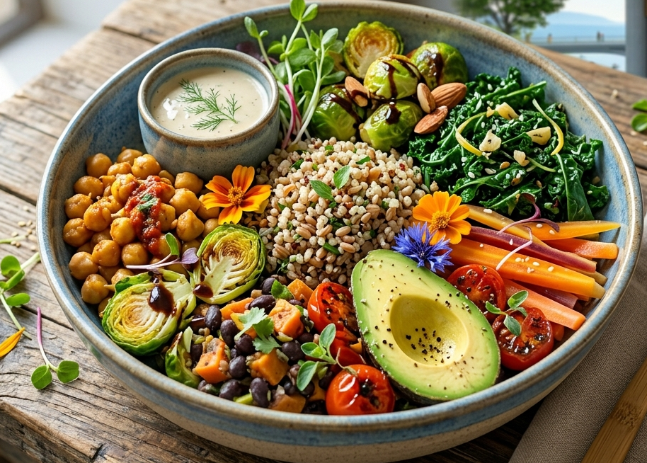 Piatto sano e sostenibile con prodotti vegetali per rappresentare la riduzione dell'impatto ambientale legato agli allevamenti.
