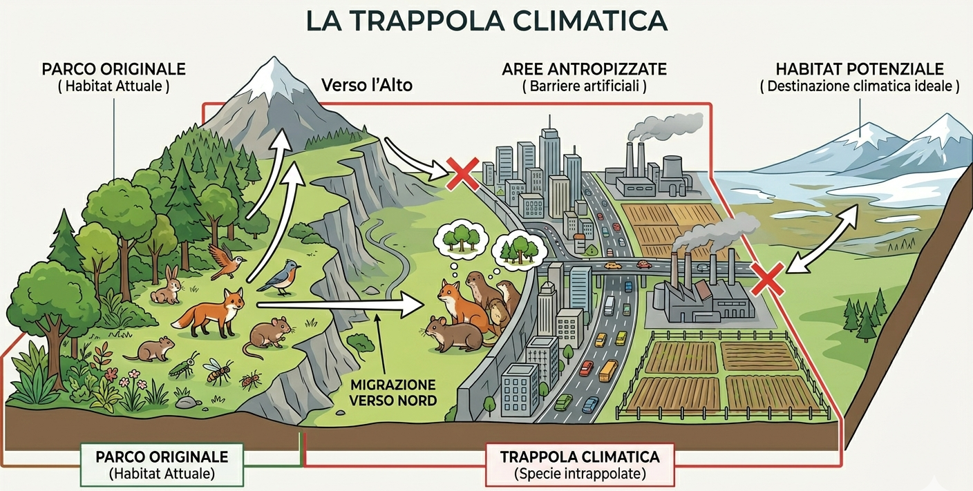 Figura 1 - In assenza di connettività ecologica, le aree protette si trasformano in trappole climatiche. [Infografica creata dall'autrice]