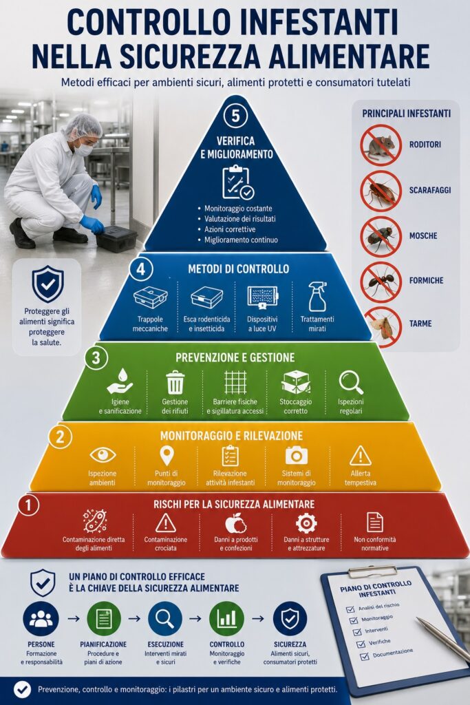 Piramide normativa e operativa del controllo infestanti nella sicurezza alimentare: dalla normativa europea e dalle Good Hygiene Practices (GHP), passando per il piano di pest management, il monitoraggio ambientale e le procedure di prevenzione, fino alle attività operative finalizzate al controllo di roditori, insetti e altri infestanti lungo la filiera alimentare.