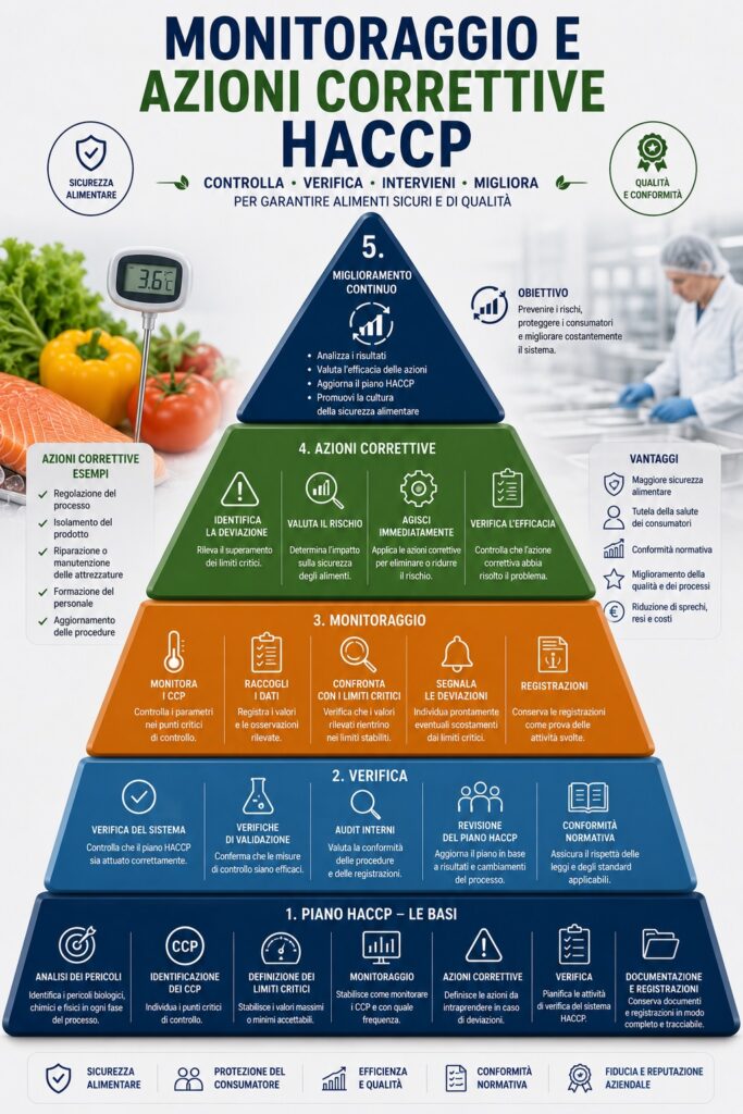 Piramide normativa e operativa del monitoraggio nella sicurezza alimentare: dalla normativa europea e dai principi HACCP, passando per monitoraggio, registrazione, verifica e gestione delle non conformità, fino all’applicazione delle azioni correttive per il mantenimento del controllo del processo alimentare.