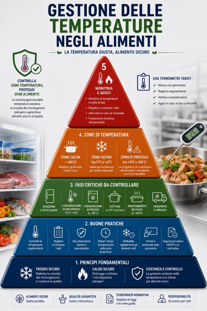 Piramide normativa e operativa della gestione delle temperature nella filiera alimentare: dal Regolamento (CE) n. 852/2004 e dai principi HACCP, passando per le procedure di monitoraggio e registrazione, fino alle attività di refrigerazione, congelamento, mantenimento e cottura finalizzate al controllo della crescita microbica e alla sicurezza degli alimenti.