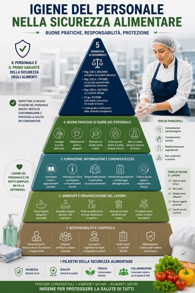 L’infografica rappresenta i principali elementi che contribuiscono a garantire una corretta igiene del personale nella sicurezza alimentare, evidenziando il ruolo centrale degli operatori nella prevenzione delle contaminazioni. Alla base della piramide si collocano le responsabilità aziendali, l’organizzazione del lavoro e il rispetto delle procedure operative. I livelli intermedi comprendono la formazione continua del personale, l’adozione delle buone pratiche igieniche e il controllo delle condizioni operative, mentre il vertice richiama il quadro normativo di riferimento, tra cui il Regolamento (CE) n. 852/2004, il Regolamento (CE) n. 178/2002 e il Regolamento (UE) n. 2017/625. L’insieme di questi elementi contribuisce alla produzione di alimenti sicuri e alla tutela della salute del consumatore.