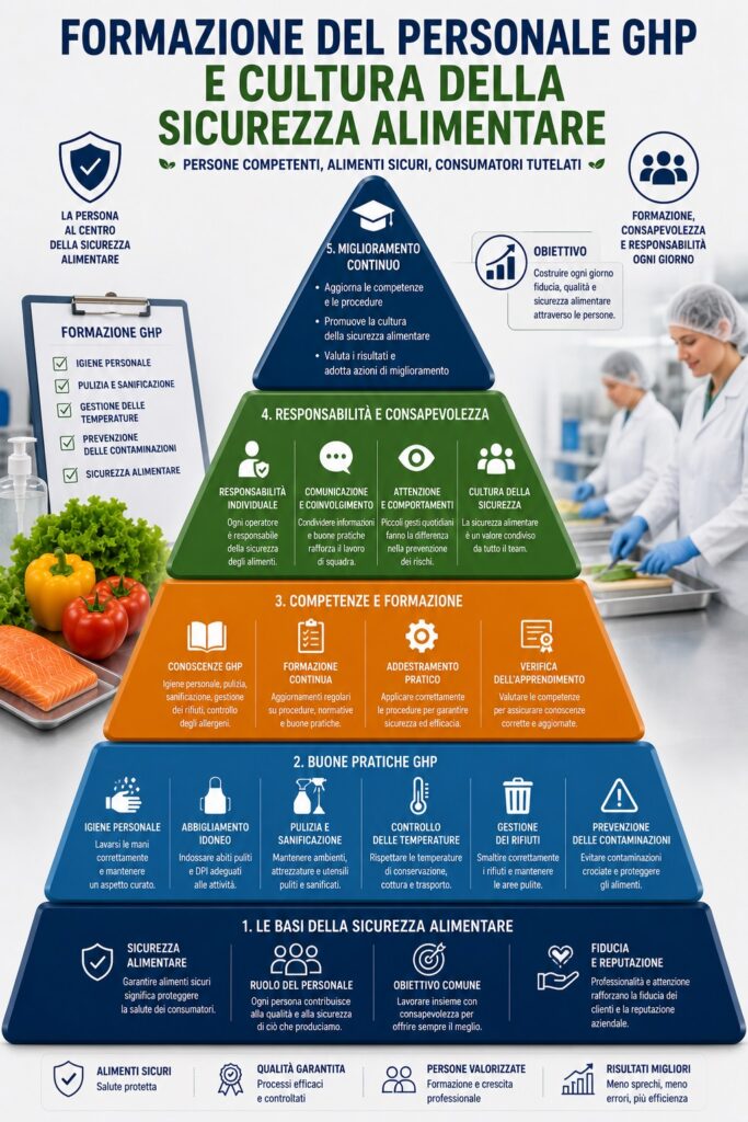 Piramide normativa e operativa della formazione nelle Good Hygiene Practices: dalla normativa europea e dai principi HACCP, passando per pianificazione formativa, aggiornamento periodico, verifica delle competenze e applicazione operativa delle procedure igieniche lungo la filiera alimentare.