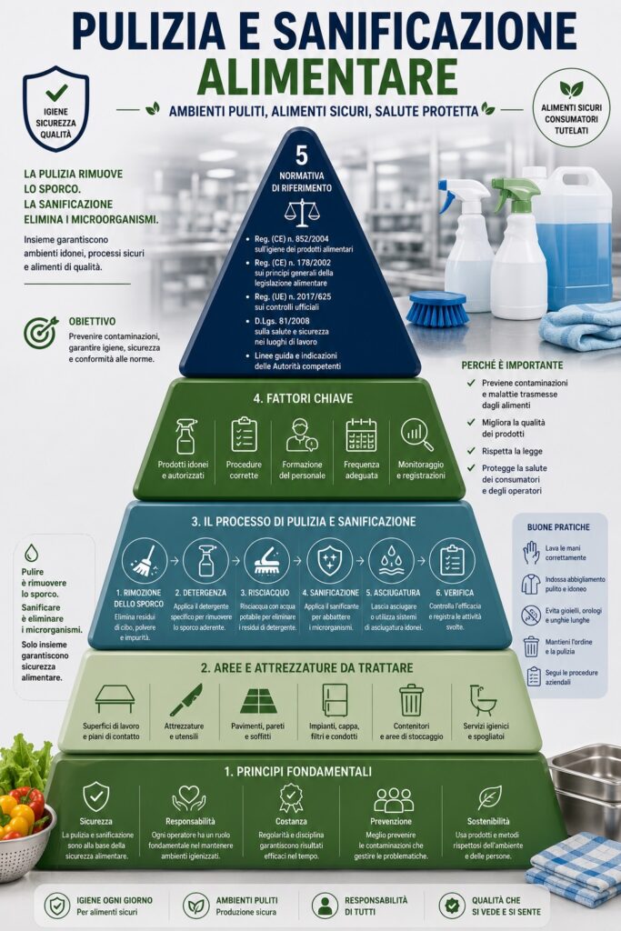 Piramide normativa e operativa della pulizia e sanificazione alimentare: il sistema integra il Regolamento (CE) n. 852/2004, le Good Hygiene Practices (GHP), le procedure operative standard di sanificazione (SSOP), i programmi di detergenza e disinfezione e le attività quotidiane di controllo, con l'obiettivo di prevenire contaminazioni e garantire la sicurezza degli alimenti.