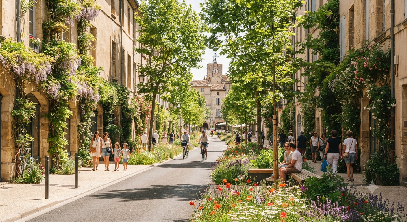 Esempio di urbanistica resiliente: una strada storica europea rigenerata con aree verdi, alberi e aiuole fiorite per contrastare le isole di calore.