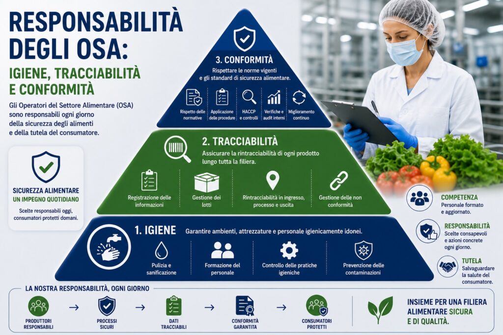 La figura rappresenta la gerarchia delle responsabilità degli Operatori del Settore Alimentare: alla base si colloca la normativa europea (Reg. CE 178/2002, Reg. CE 852/2004 e Reg. UE 2017/625), seguita dall'applicazione delle Good Hygiene Practices (GHP), del sistema HACCP, della tracciabilità e della conformità normativa. Al vertice della piramide si trova la tutela della salute del consumatore attraverso la produzione e la commercializzazione di alimenti sicuri.