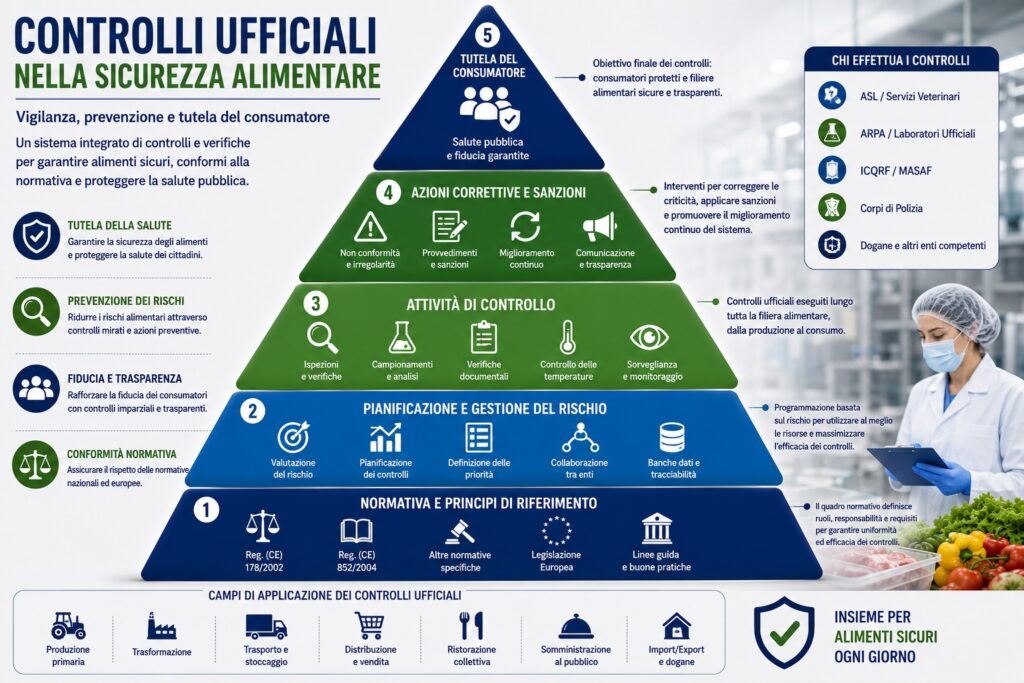 La figura rappresenta il flusso di comunicazione tra l'Operatore del Settore Alimentare e le autorità competenti. Alla base si colloca l'identificazione del pericolo attraverso il sistema di autocontrollo; seguono la raccolta della documentazione, la comunicazione alle autorità competenti, l'eventuale attivazione delle procedure di ritiro o richiamo e, al vertice, la tutela della salute del consumatore mediante una gestione coordinata del rischio alimentare.