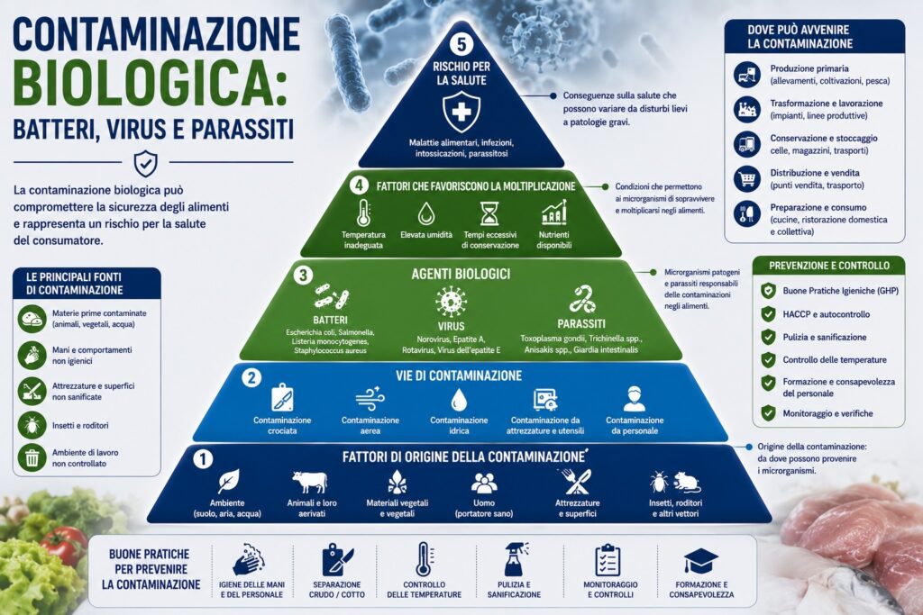 La figura rappresenta le principali fonti di contaminazione biologica lungo la filiera alimentare. Alla base sono riportate la produzione primaria, l'acqua e le materie prime; seguono le fasi di trasformazione, manipolazione, trasporto e conservazione, dove possono verificarsi contaminazioni da batteri, virus, parassiti e muffe. Al vertice della piramide si colloca il consumatore, la cui salute dipende dall'efficacia delle misure di prevenzione adottate in ogni fase della filiera.