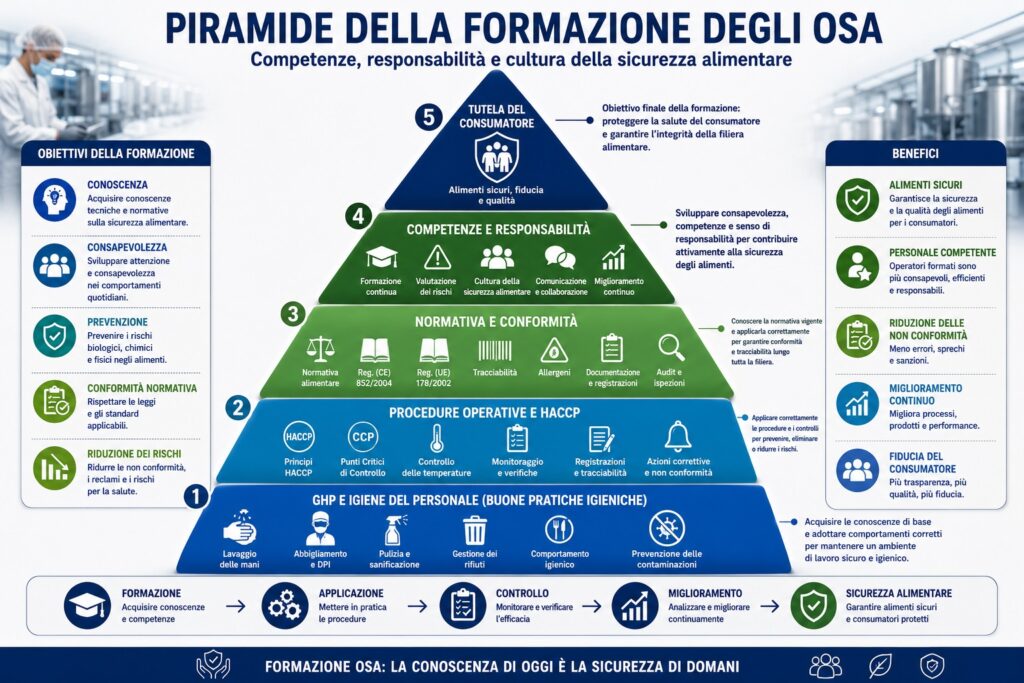 Piramide della formazione degli Operatori del Settore Alimentare (OSA).
Nello specifico, l’infografica rappresenta i principali livelli della formazione degli Operatori del Settore Alimentare (OSA), evidenziando il percorso di crescita delle competenze necessarie per garantire la sicurezza degli alimenti. Come possiamo notare, alla base della piramide si collocano la conoscenza delle buone pratiche igieniche (GHP), dell’igiene del personale e delle corrette procedure operative. Per quanto riguarda i livelli intermedi comprendono la formazione su HACCP, gestione dei pericoli, tracciabilità, allergeni, pulizia e sanificazione, controllo delle temperature e prevenzione delle contaminazioni. Mentre, al vertice sono rappresentati la cultura della sicurezza alimentare, il miglioramento continuo e la responsabilizzazione del personale, elementi fondamentali per promuovere comportamenti consapevoli, assicurare la conformità normativa e tutelare la salute del consumatore lungo l'intera filiera alimentare.