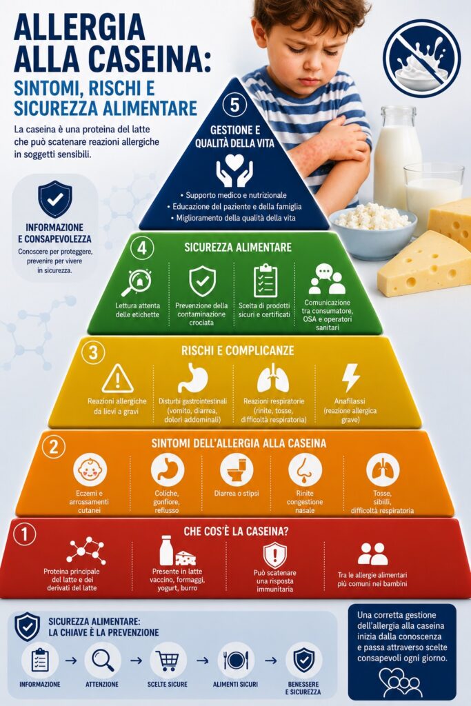Piramide della prevenzione dell'allergia alla caseina: dalla normativa europea sugli allergeni e dai sistemi HACCP, passando per la corretta etichettatura, la gestione della contaminazione crociata, la formazione degli operatori del settore alimentare e l'informazione del consumatore, fino alla prevenzione delle reazioni allergiche e dello shock anafilattico.