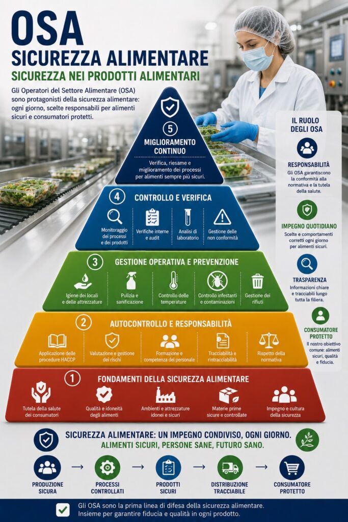 Piramide normativa e operativa degli Operatori del Settore Alimentare: dalla legislazione europea ai sistemi di autocontrollo, passando per igiene, HACCP, tracciabilità e monitoraggio continuo della sicurezza lungo tutta la filiera alimentare.
