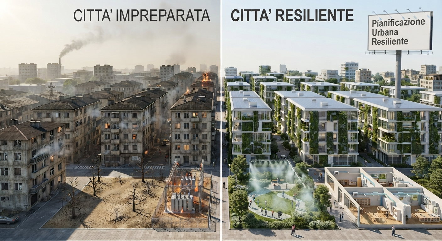 Illustrazione divisa in due metà che confronta un'area urbana degradata e colpita da ondate di calore e incendi («Città Impreparata») con un quartiere moderno dotato di tetti riflettenti, tetti verdi, parchi con sistemi di nebulizzazione e edifici scolastici con ventilazione filtrata («Città Resiliente»). In alto sono presenti i titoli delle due sezioni e un cartellone stradale con la scritta "Pianificazione Urbana Resiliente".