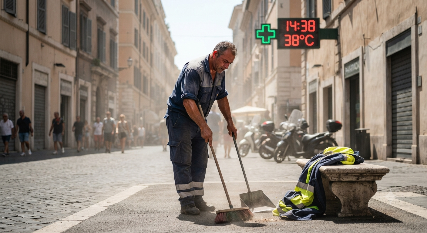 Figura x - Il caldo estremo colpisce di più alcune categorie di lavoratori. Fotografia documentaristica inquadrata a figura intera di un operatore ecologico di mezza età che lavora in una strada acciottolata di Roma durante una giornata di sole cocente. L'uomo, che indossa solo una camicia da lavoro blu e pantaloni con strisce riflettenti, è chino mentre spazza la pavimentazione con una scopa e una paletta. È visibilmente sudato. Sulla destra, poggiati su una panchina di pietra, si vedono la sua giacca e il gilet ad alta visibilità piegati. Sullo sfondo, l'insegna digitale di una farmacia con una croce verde mostra la temperatura di 38°C e l'ora. L'aria è afosa e l'atmosfera è polverosa.