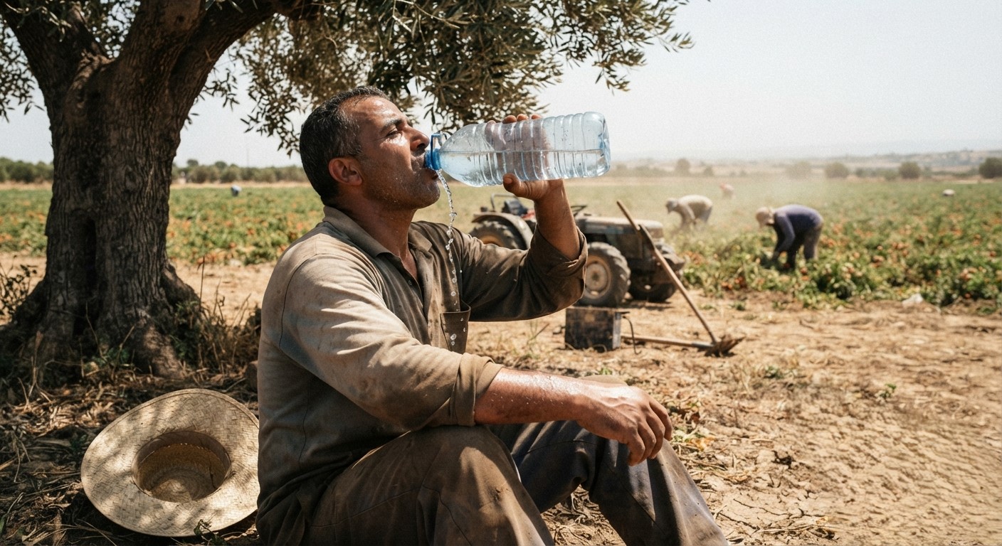 Fotografia in stile documentaristico di un bracciante agricolo di mezza età, con abiti da lavoro sporchi di terra e sudore, seduto a terra all'ombra parziale di un ulivo. L'uomo si sta asciugando il sudore dalla fronte e beve avidamente da una grande bottiglia di plastica. Il terreno intorno è secco e polveroso. Sullo sfondo, sotto il sole intenso, si intravedono altri lavoratori e un trattore in un vasto campo. L'immagine trasmette una sensazione di fatica fisica e calore estremo.