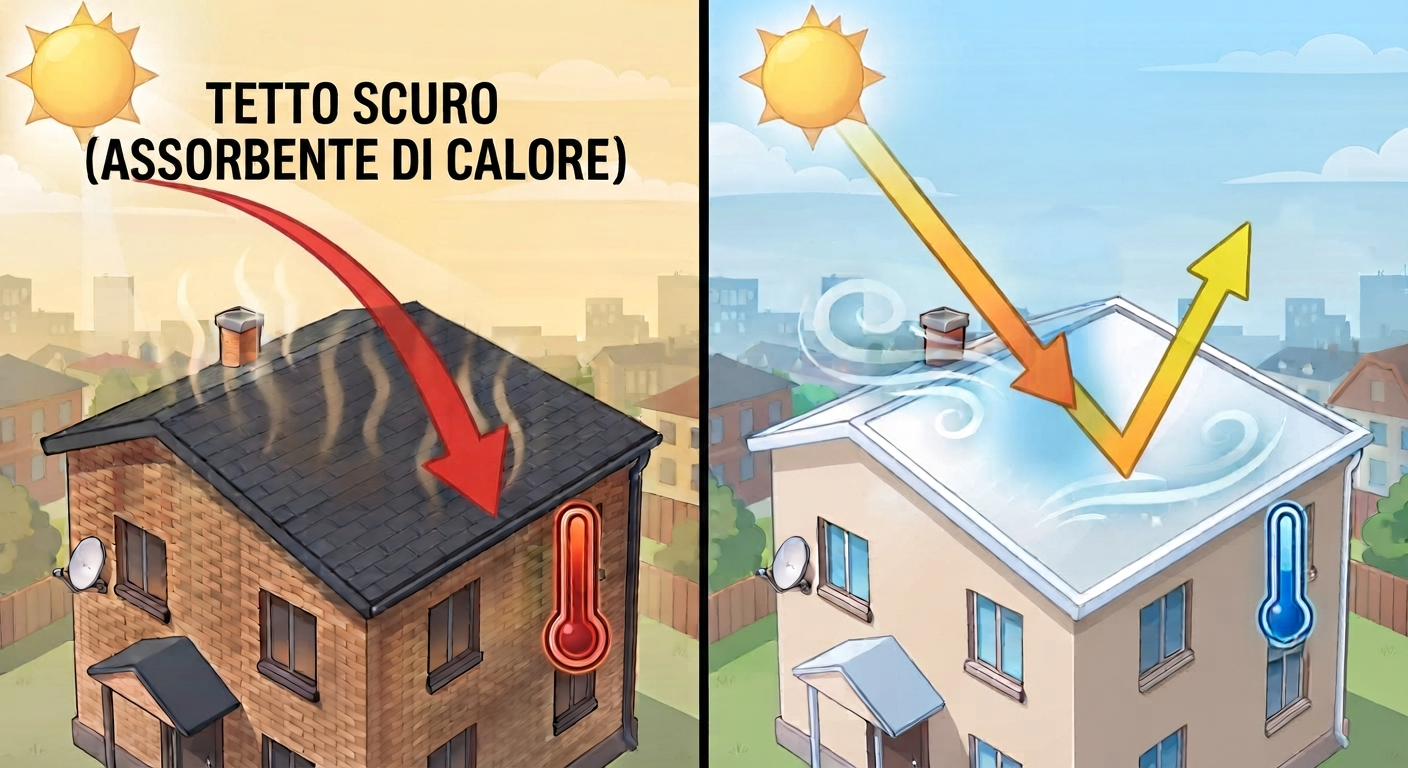 Illustrazione concettuale che mostra una casa con un "Cool Roof" (tetto freddo). Il tetto è di colore bianco brillante e presenta un'icona a forma di sole con frecce che indicano la radiazione solare respinta (riflessa) dalla superficie, simboleggiando una minore assorbimento di calore e una riduzione delle temperature interne.