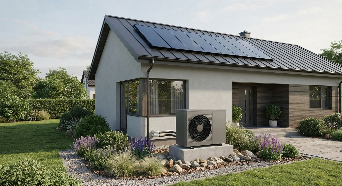 Una casa moderna con rivestimento chiaro e tetto scuro, dotata di pannelli solari termici lucidi integrati perfettamente sul tetto. Nel giardino è installata una pompa di calore esterna. 