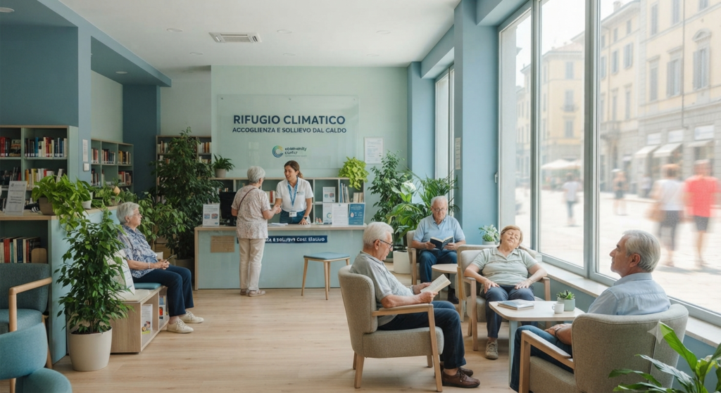 Fotografia interna di un moderno centro comunitario adibito a rifugio climatico. L'ambiente è luminoso e fresco, con pareti color verde salvia e grandi vetrate che si affacciano su una strada esterna dove l'aria appare sfocata dal calore. Diverse persone anziane sono sedute comodamente su poltrone a leggere o riposare. In fondo, un'operatrice dello staff assiste un'anziana al banco informazioni. Sono presenti piante verdi e cartelli in italiano che indicano lo spazio come "Rifugio Climatico". L'atmosfera è calma e sicura.