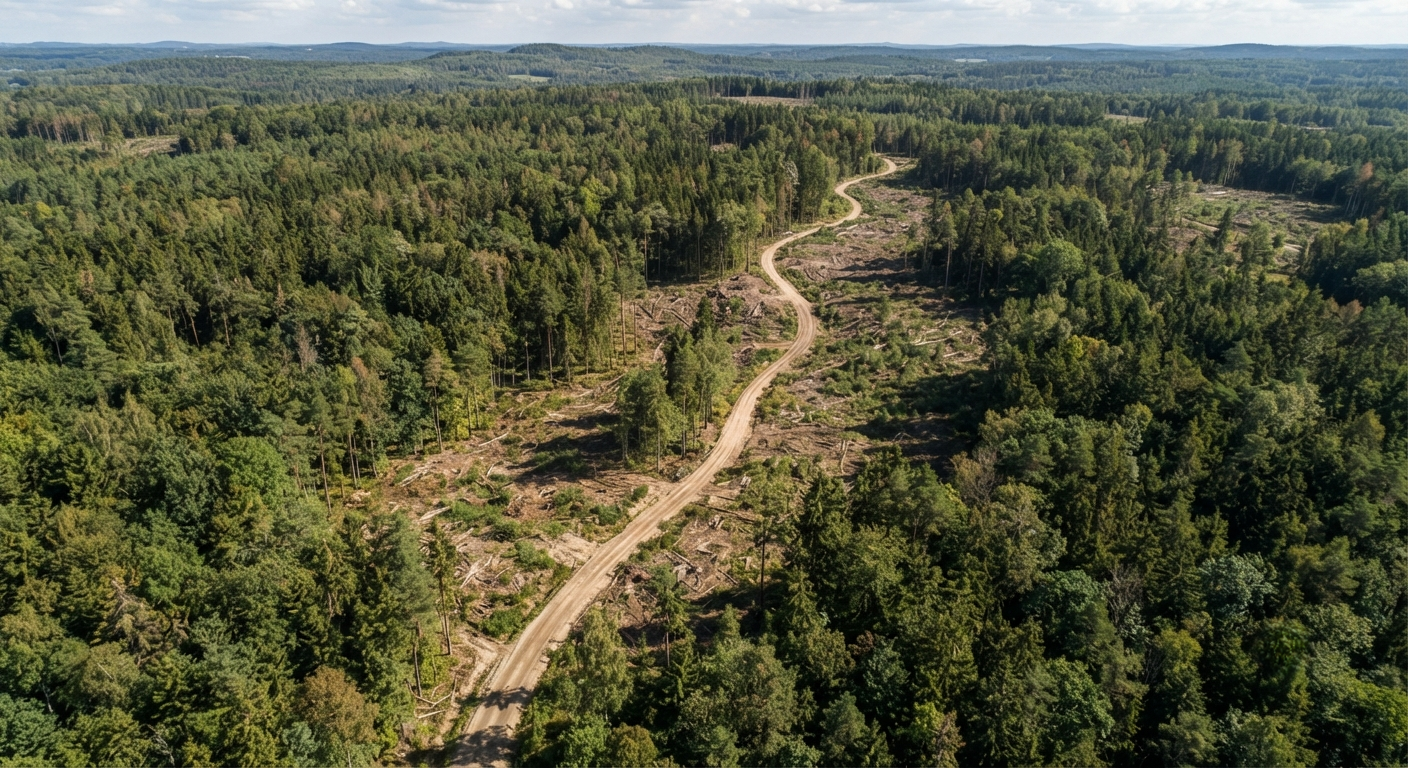 Vista aerea di una foresta europea con ampie zone di disboscamento e una strada sterrata che attraversa il bosco, a illustrare la perdita di copertura arborea causata dalla richiesta di biomassa.