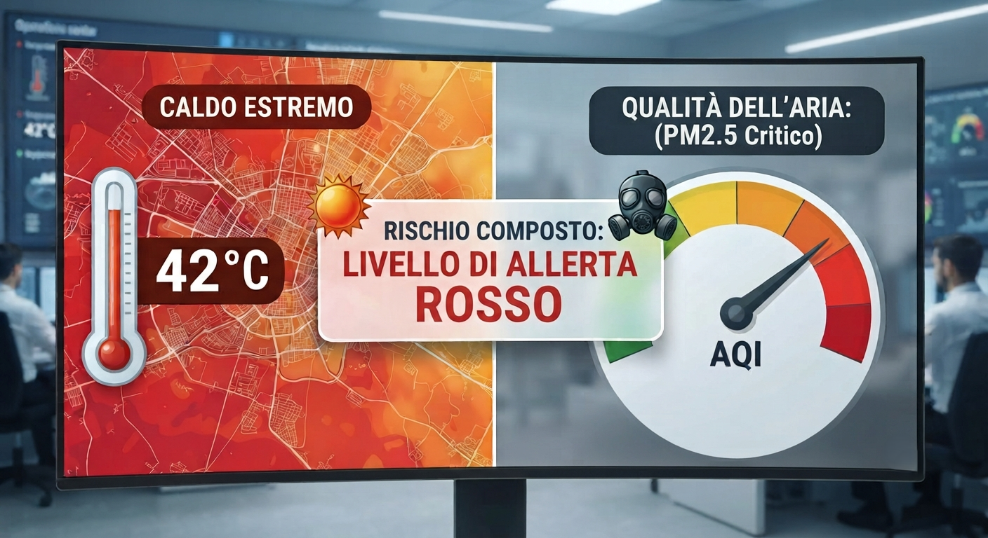 Figura 1 - Monitoraggio dei rischi composti di caldo e incendi in tempo reale: l'infografica mostra un sistema di allerta unificato che combina le ondate di calore estremo con i dati sulla qualità dell'aria. Sulla destra è visibile l'indicatore AQI (Air Quality Index, ovvero l'Indice di Qualità dell'Aria), lo standard internazionale utilizzato per misurare la concentrazione di inquinanti come il PM2.5 e indicare il livello di pericolo per la salute pubblica tramite una scala cromatica di rischio.