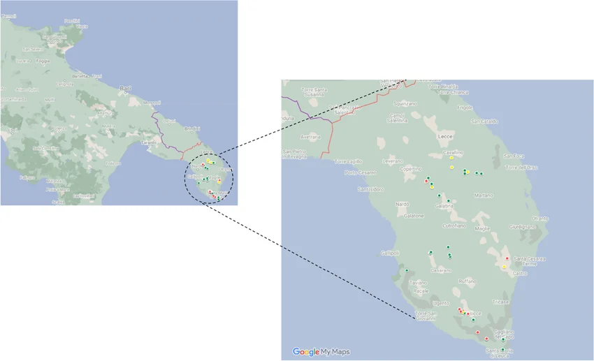 Mappa della regione Puglia. Il riquadro di dettaglio mostra la provincia di Lecce, dove sono state rilevate piante infestate. Sono indicati i siti con mandorli infestati (punto rosso: infestazione elevata; punto giallo: infestazione media; punto verde: infestazione bassa) [da Cavalieri et al., 2023].