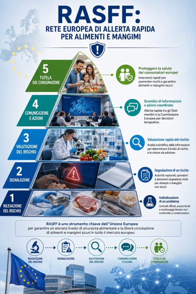 Il sistema RASFF consente di passare dall'individuazione di un rischio alimentare alla condivisione delle informazioni tra le autorità competenti, fino all'adozione delle eventuali misure di controllo, ritiro o richiamo del prodotto.