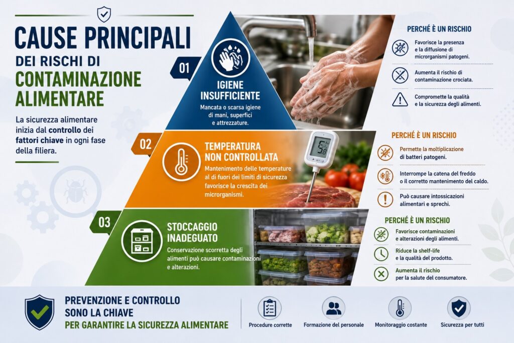 Principali vie attraverso cui igiene insufficiente, temperatura non controllata e stoccaggio inadeguato possono favorire la contaminazione degli alimenti.