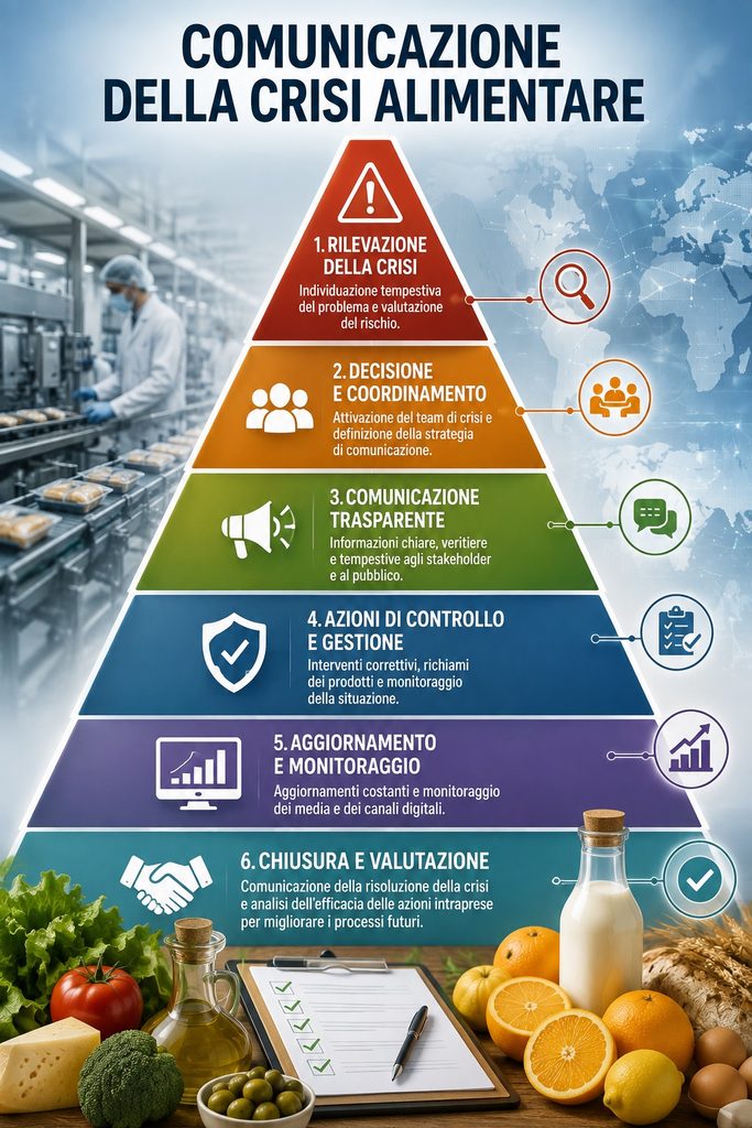 Schema della comunicazione durante una crisi alimentare: individuazione del rischio da parte dell'OSA o delle autorità, valutazione delle informazioni, comunicazione tra i soggetti coinvolti, eventuale attivazione del RASFF, ritiro o richiamo dei prodotti e informazione dei consumatori.